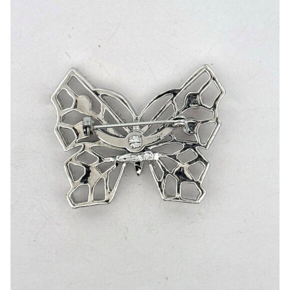 Estate Butterfly Brooch Silver Tone Pink Crystal Wings 1.81" x 1.41" 17.3g - Picture 2 of 5